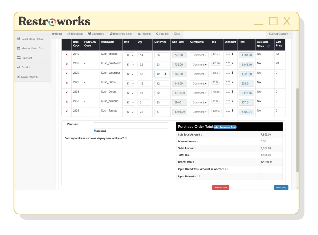 View of the Restroworks Purchase Orders screen