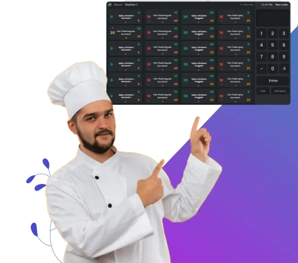 Chef pointing at Restaurant kitchen forecasting application